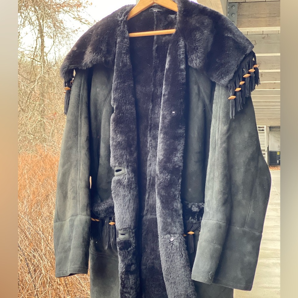 Vintage Christia by Hana K Black Shearling Fringed & Beaded Leather Coat 40 XL